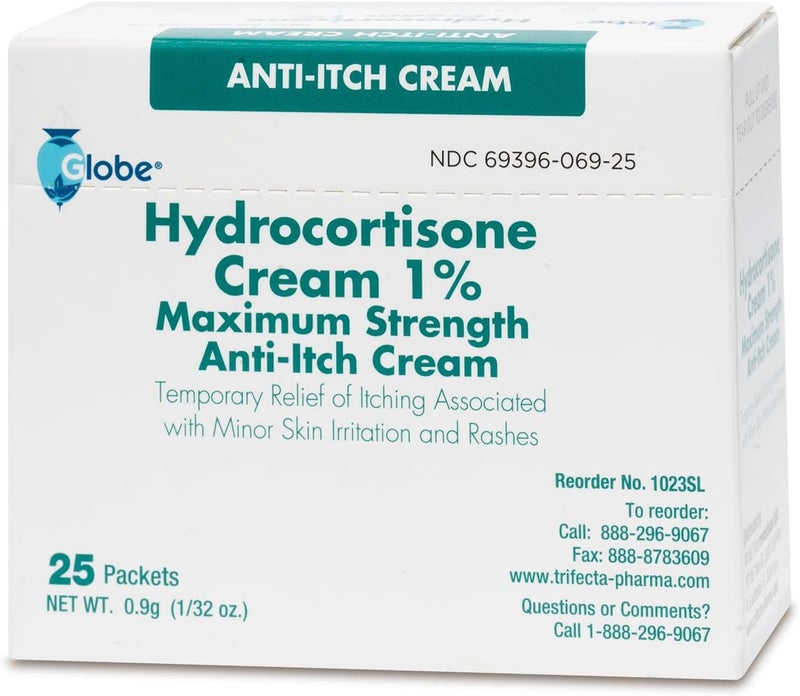 Globe (Box 25 Hydrocortisone 1% Maximum Strength Cream, (0.9g Packet) Anti-Itch Cream for Redness, Swelling, Itching, Rash, Bug Bites, Eczema, More - Image 1